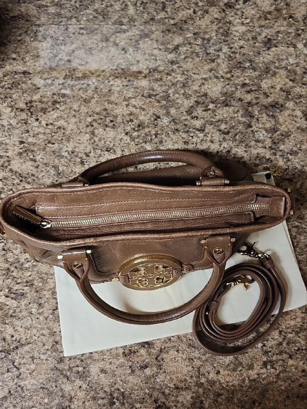 Tory Burch Amanda Brown Leather Satchel Handbag with Gold Logo Accent